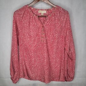 MICHAEL Michael Kors V-neck Blouse Red White Geometric Print Gold Grommet Small